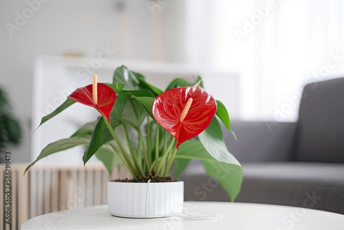 On a white coffee table, a fresh indoor plant with red blooms is visible, and there is copy space in the backdrop. Generative AI