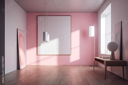 An empty room s interior has walls painted in pink and white  a dark wooden floor  and a vertical mock up poster frame. Idea behind advertising. Generative AI