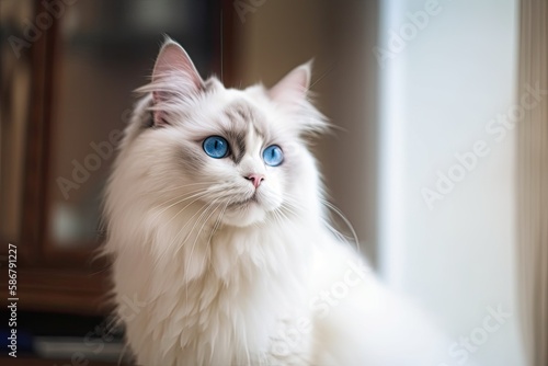 Beautiful fluffy white ragdoll cat standing on the floor in a brightly lit environment with blue eyes. Beautiful purebred feline pet outside with blurred background. Generative AI