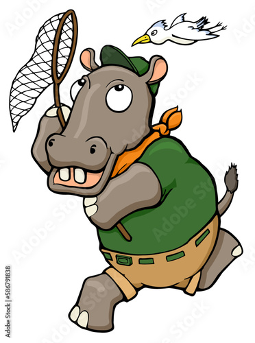 cartoon zookeeper hippopotamus chasing a bird