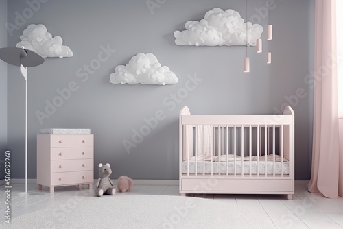 Baby nursery background and wall color are gray. White clouds and a white bulb are ornamental elements for a nursery. Generative AI