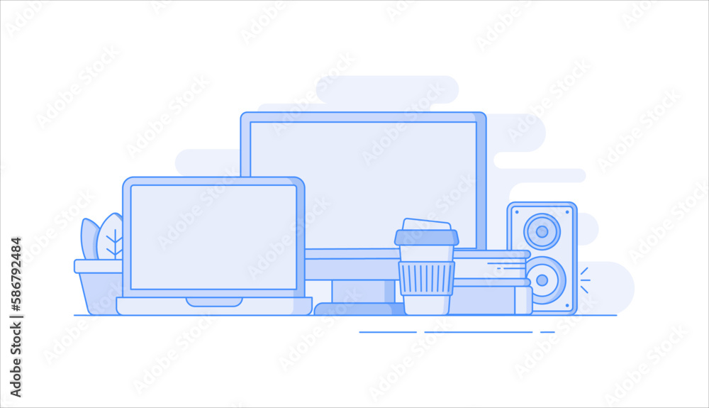 Computer, laptop, books, coffee cup, plant, speaker flat vector illustration in line art style