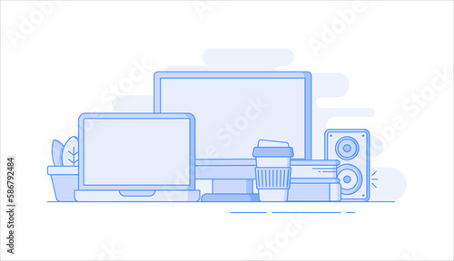 Computer, laptop, books, coffee cup, plant, speaker flat vector illustration in line art style