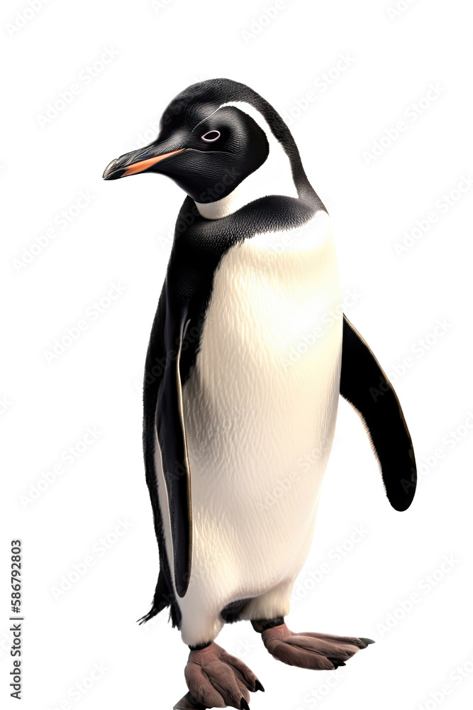 Fototapeta premium a photographic illustration of a high-class penguin in a tuxedo with a top hat on a transparent background in PNG. T-Shirt Design. Animal Character. Generative AI