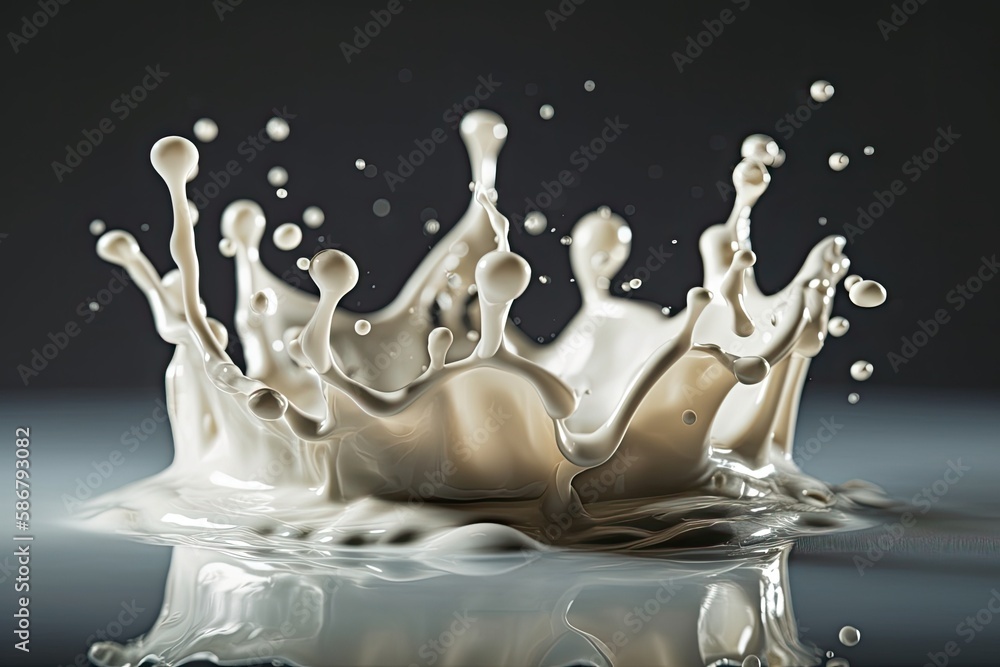 Milk crown splashes, creating ripples in the milk pool. Generative AI Milk crown splashes, creating ripples in the milk pool. Generative AI