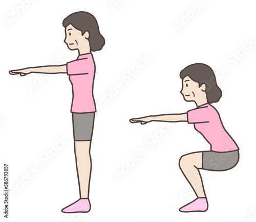 スクワットで脚を鍛える中年女性のイラスト、おばさん