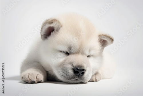 On a white background, a sleeping American Akita puppy may be seen. infant animal motif. Generative AI