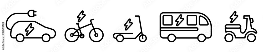 Conjunto de iconos de vehículos eléctricos. Sostenibilidad, cuidado del medio ambiente. Concepto de tecnología. automóvil, bicicleta, scooter, autobús, motocicleta. Ilustración vectorial