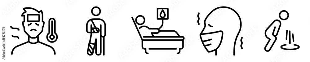 Conjunto de iconos de enfermedad. Persona enferma, fiebre, fractura, hospitalización, contagio, nauseas y vómito. Concepto de salud. Ilustración vectorial Conjunto de iconos de enfermedad. Persona enferma, fiebre, fractura, hospitalización, contagio, nauseas y vómito. Concepto de salud. Ilustración vectorial