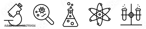 Conjunto de iconos de laboratorio. Investigación científico, experimento, átomo, tubos de ensayo. Concepto de ciencia. Ilustración vectorial