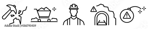 Conjunto de iconos de minería. Extracción de minerales, mina, túnel, minero, explosivo. Ilustración vectorial