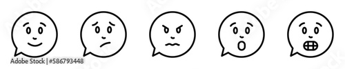 Conjunto de iconos de expresiones faciales. Caras, emociones, alegre, triste, enojado, sorprendido, asustado. Emoticones estilo globo de pensamiento. Ilustración vectorial