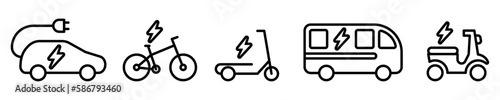Conjunto de iconos de vehículos eléctricos. Sostenibilidad, cuidado del medio ambiente. Concepto de tecnología. automóvil, bicicleta, scooter, autobús, motocicleta. Ilustración vectorial