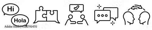Conjunto de iconos de conversación. Concepto de comunicación. Diálogo, burbuja de mensaje, idea, pensamiento, intercambiar, acuerdo de ideas. Ilustración vectorial