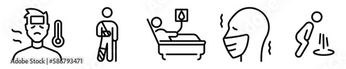 Conjunto de iconos de enfermedad. Persona enferma, fiebre, fractura, hospitalización, contagio, nauseas y vómito. Concepto de salud. Ilustración vectorial