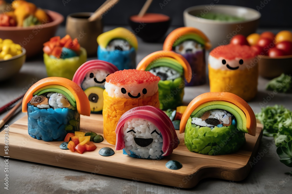 rainbow-colored sushi rolls with whimsical faces. generative AI.