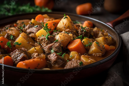 savory and hearty Irish stew with meat and potatoes. generative AI.