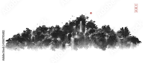 Towering high mountain waterfall ink landscape painting.Oriental traditional painting.Text: Chinese style.