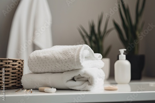 White spa towels and a modern bathroom decor background. Generative AI