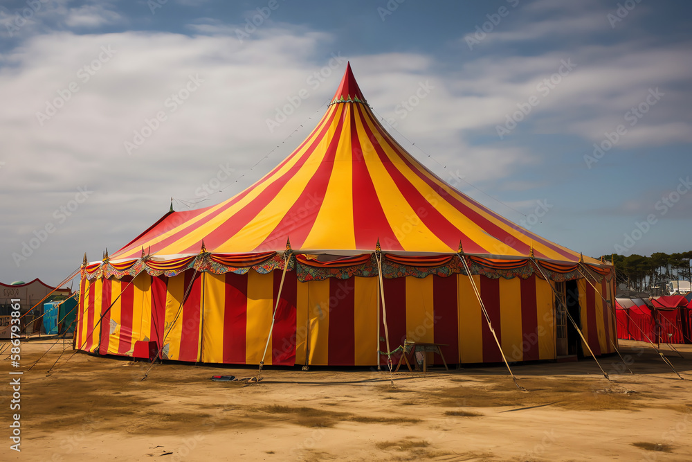 striped circus tent with colorful flags. generative AI. striped circus tent with colorful flags. generative AI.