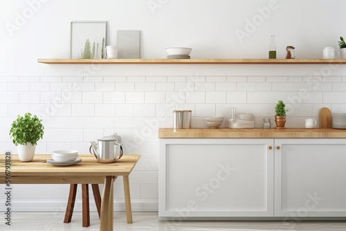 Home interior with white blank wall and wood table for goods display. Mockup for a floor desk display. Background Kitchen board counter and room shelf. Generative AI