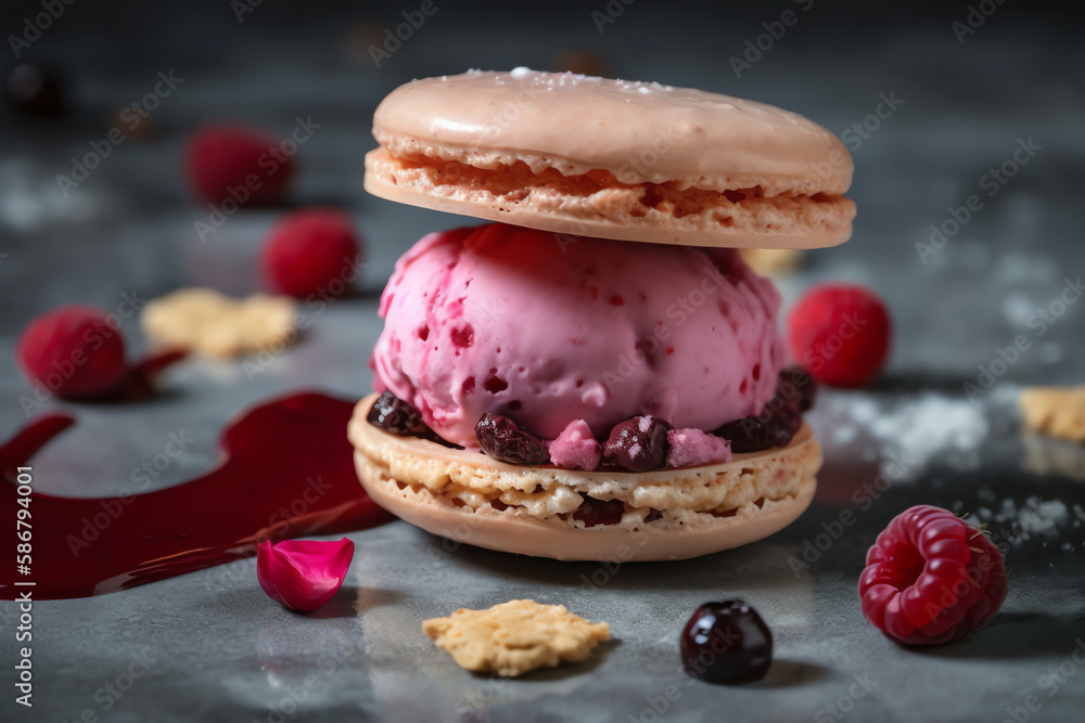 two macarons and a scoop of raspberry sorbet. generative AI.