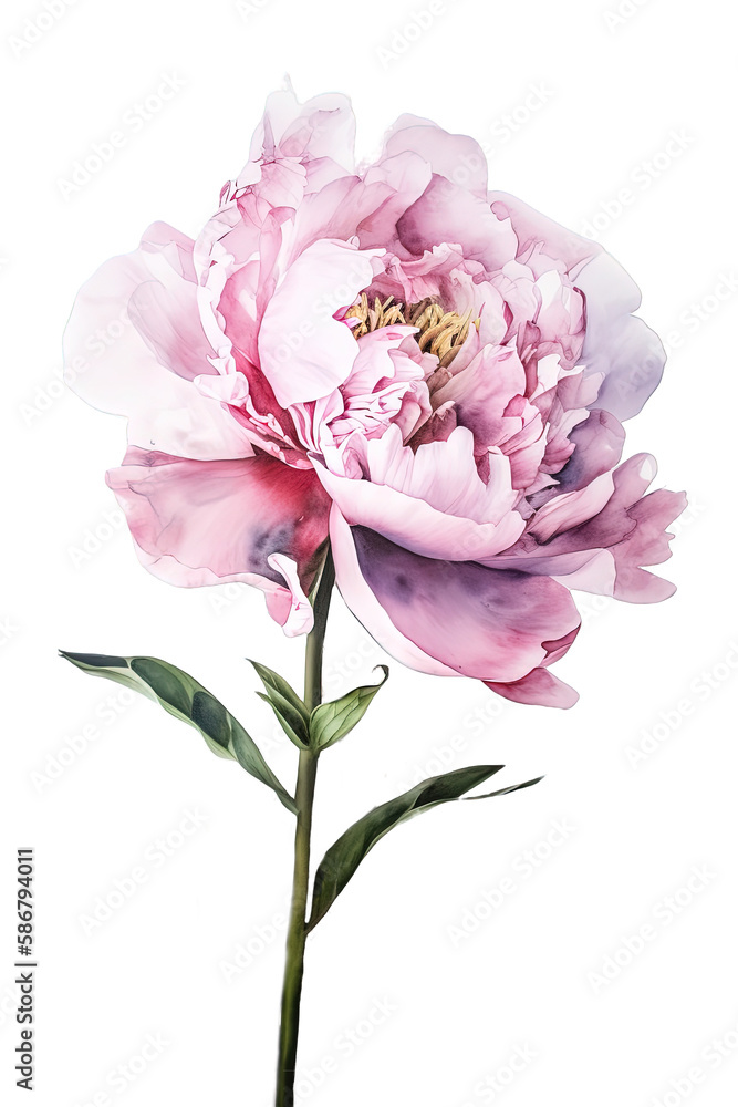 pink peony flower watercolor isolated on white