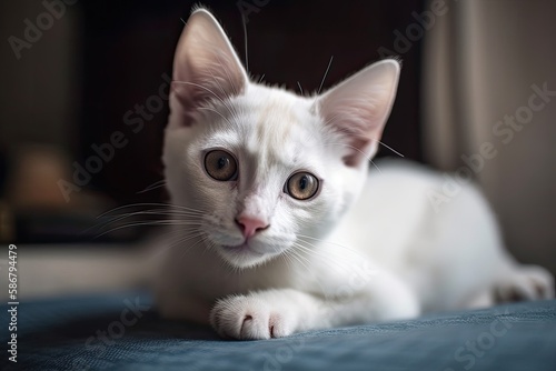 funny kitten from the UK. Scottish breed pets. Beautiful tiny white cat in home portrait. Generative AI