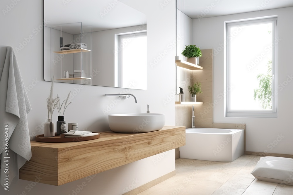 Fototapeta premium A narrow vertical horizontal mirror hangs above the white bathroom sink, which is situated in a corner of the room decorated in Scandinavian design. a mockup. Generative AI