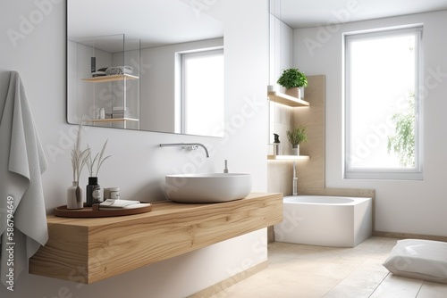 A narrow vertical horizontal mirror hangs above the white bathroom sink  which is situated in a corner of the room decorated in Scandinavian design. a mockup. Generative AI