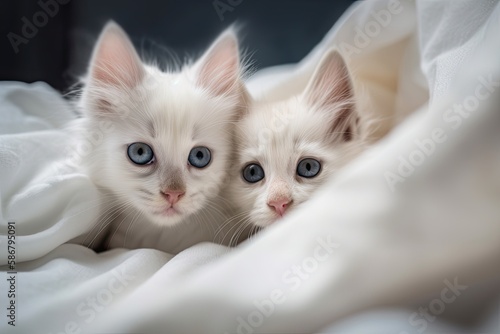 Beautiful white fluffy kittens with blue eyes have just woken up and are sleepily peering out of their comfortable pet house, which is nestled among warm blankets. Newborn animals are discovering a wh © AkuAku