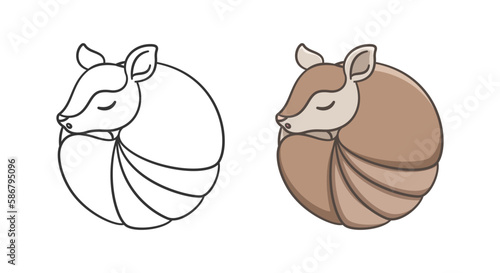Armadillo sleeping and rolled up into a ball cartoon vector illustration. Colored and outline set. Cute animal character design.