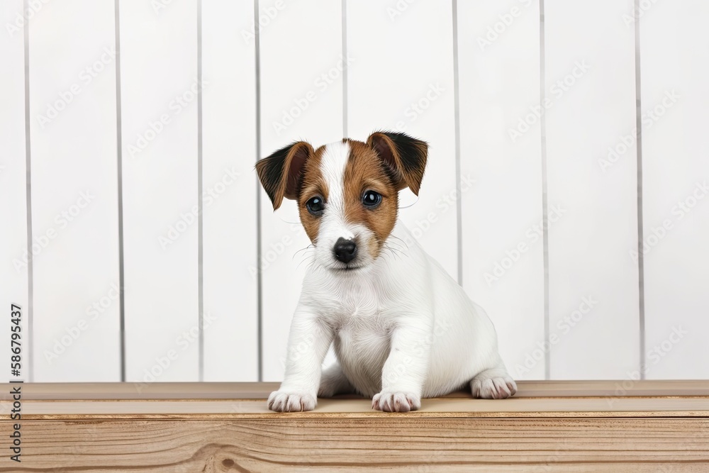 Jack Russell terrier puppy posed against a white background while perched on wooden planks. Generative AI Jack Russell terrier puppy posed against a white background while perched on wooden planks. Generative AI