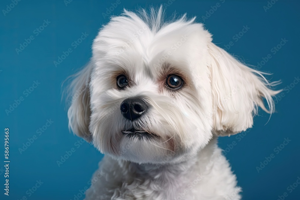 very cute Maltese lapdog. studio photo shoot with a blue backdrop. Generative AI very cute Maltese lapdog. studio photo shoot with a blue backdrop. Generative AI