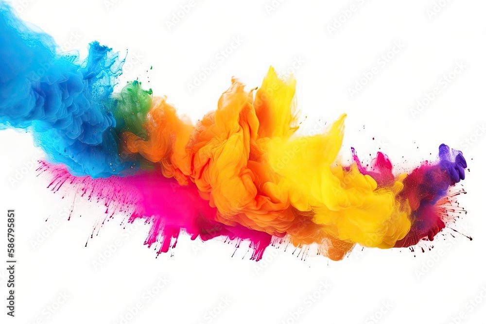 Colorful powder explosion with a white background, isolated. Color explosion with an abstract power notion. Generative AI