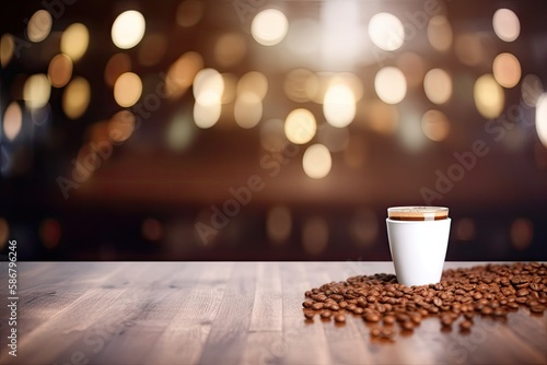 Coffee shop background with bokeh image and selected focus empty brown wooden table for your photomontage or product presentation. Generative AI