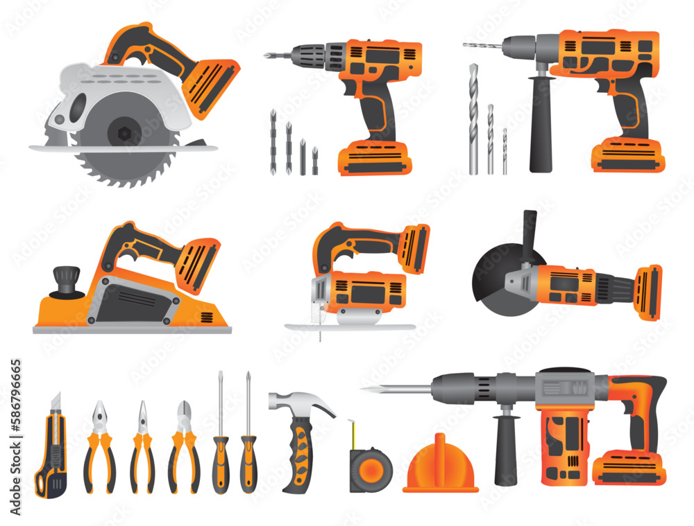 Stock vector illustration set isolated icons building tools repair, construction buildings, drill, hammer, screwdriver, jigsaw, knife, ruler, helmet, circular saw, Electric jack hammer, and planer. Stock vector illustration set isolated icons building tools repair, construction buildings, drill, hammer, screwdriver, jigsaw, knife, ruler, helmet, circular saw, Electric jack hammer, and planer.