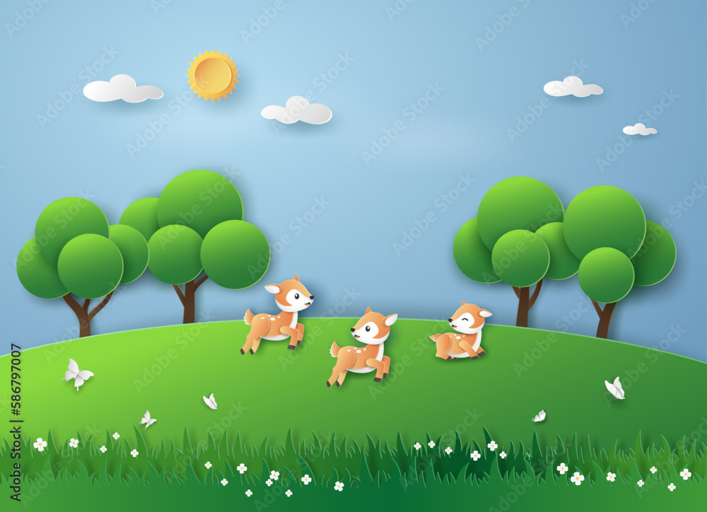 Landscape of Green nature with small deer enjoy fresh air on meadow in the forest. Vector illustration art design in paper cut abstract style. Landscape of Green nature with small deer enjoy fresh air on meadow in the forest. Vector illustration art design in paper cut abstract style.