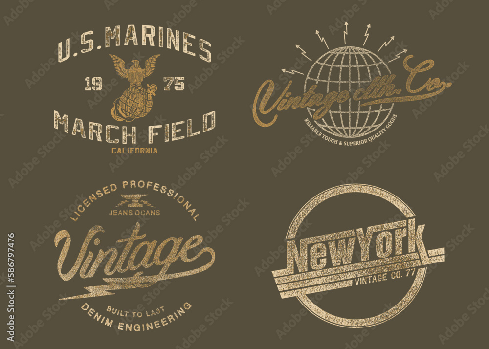 US Marines Vintage Graphics, California vector graphics, Globe Vintage Clothing T-shirt graphic Print Design, NYC Vintage CO. Graphics set, apparel design, typography and poster vector illustration.