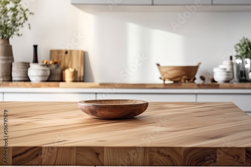 timber table a wooden table top or shelf in a contemporary, premium condominium with a minimalist, white kitchen, tasteful interior architecture. Generative AI