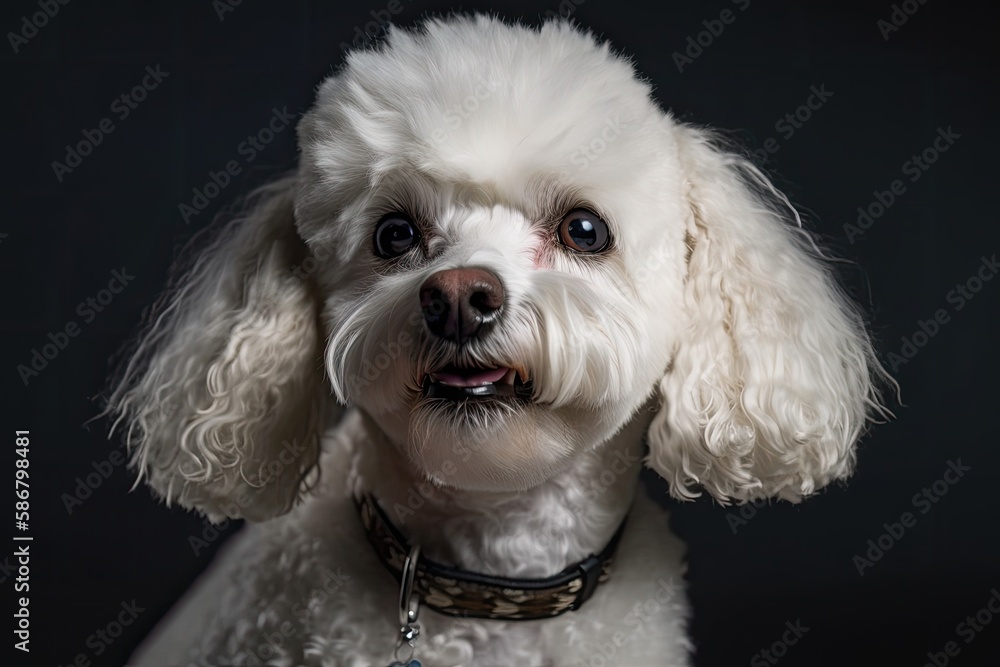 White purebred poodle dog in studio setting. Generative AI White purebred poodle dog in studio setting. Generative AI