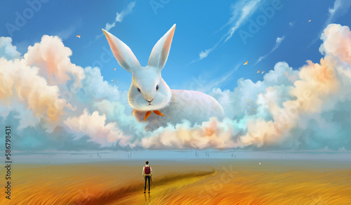 The rabbit in the sky, the man in the wheat field.Surreal painting.