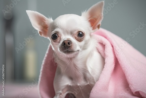 A beautiful white chihuahua covered in a pink towel. Generative AI