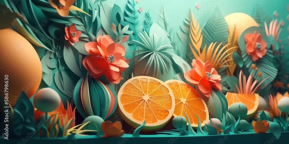 Colorful Summer time background with tropical fruits. generative AI Colorful Summer time background with tropical fruits. generative AI