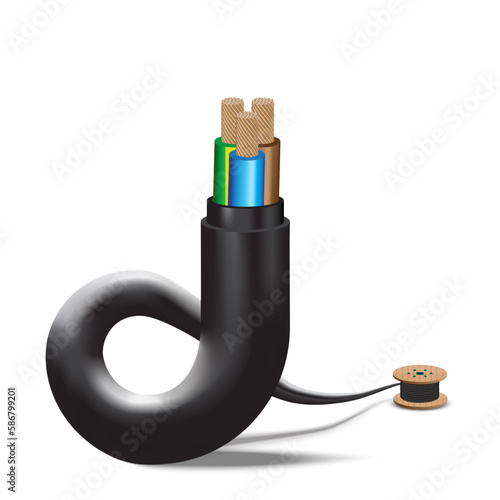 Electrical wire on white background. Copper wire is the electric conductor of urban society. Vector realistic illustration.