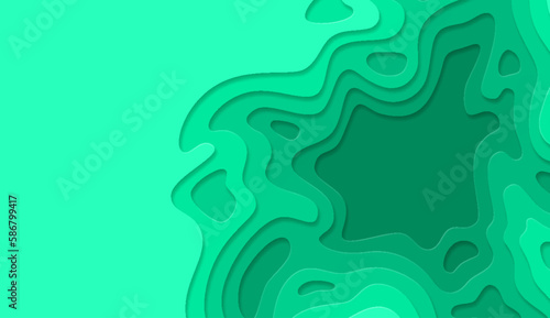 Paper cut topography relief imitation, turquoise color multi layers banner. Abstract water flowing liquid texture art design, origami paper cut layer smooth shape vector illustration