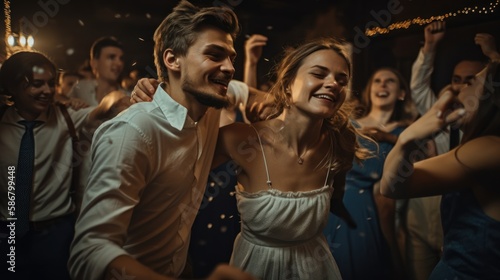 Unconventional Wedding Celebration: Young and Hipster Couples trendy modern wedding party with friends, GENERATIVE AI