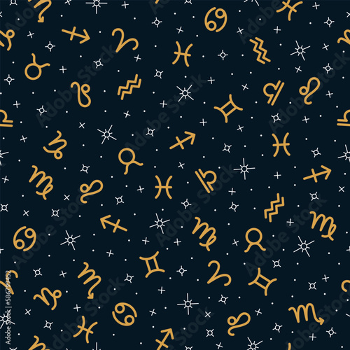 Zodiac signs seamless pattern, golden horoscope symbols repeating print on dark blue background for fabric, packaging, wrapping paper design. Astrology, esoteric, celestial signs vector illustration