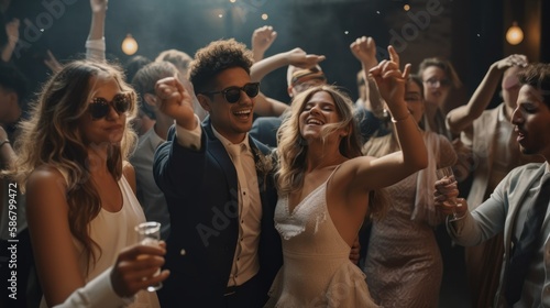 Unconventional Wedding Celebration: Young and Hipster Couples trendy modern wedding party with friends, GENERATIVE AI