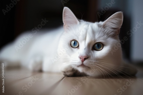 Lovely domestic cat lying on the floor in a private residence. Generative AI
